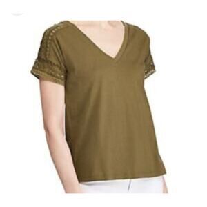 Lauren Ralph Lauren olive green tshirt lace sleeve top cottagecore